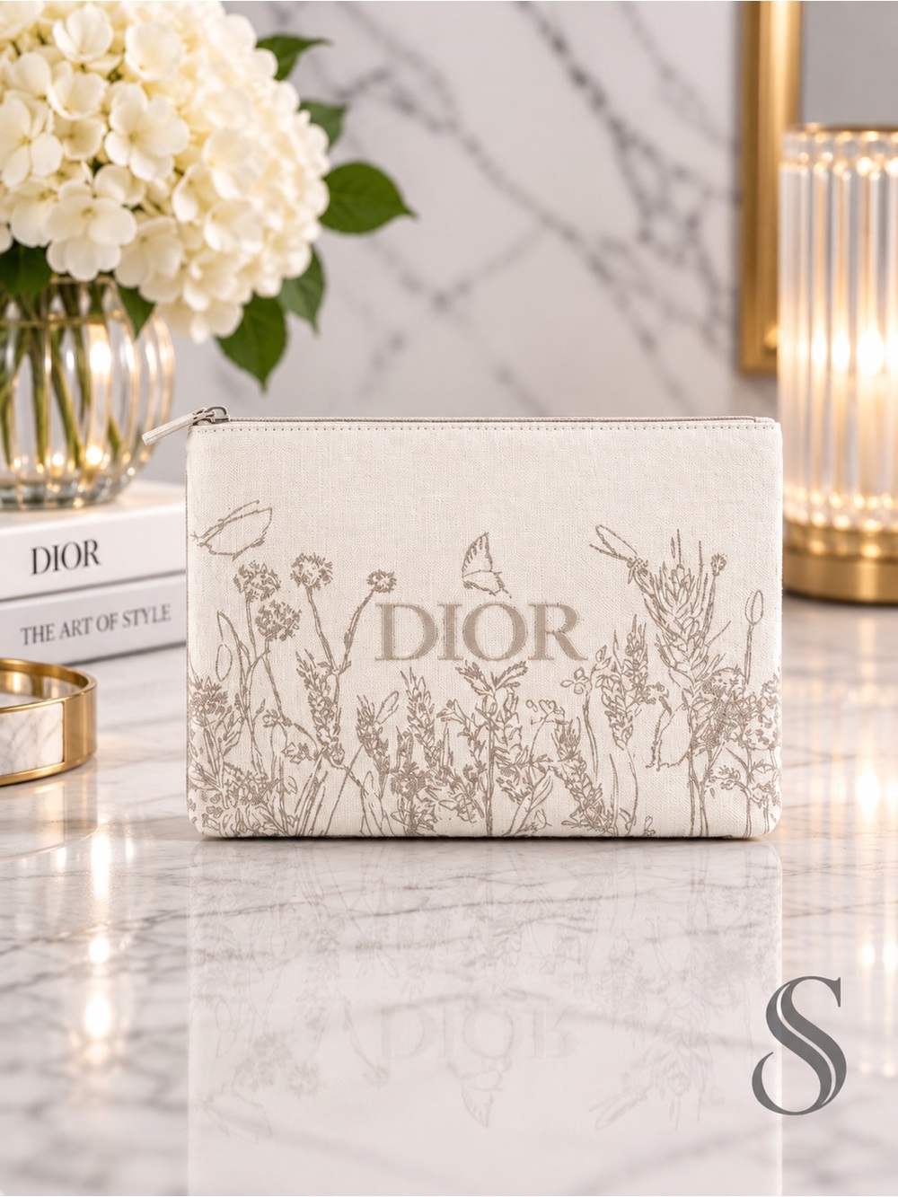 Christian Dior Embossed Floral Canvas Cosmetic Pouch Botanical Print Brand New